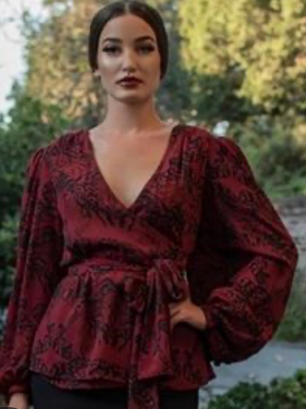 Georgette Wrap Top in Oxblood Gorgon Print